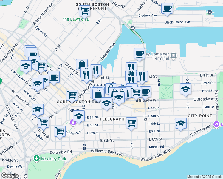 map of restaurants, bars, coffee shops, grocery stores, and more near 17 I Street in Boston