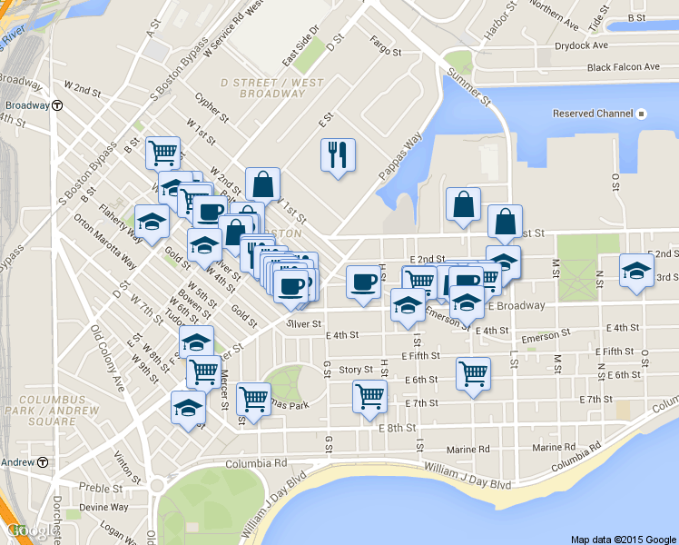 map of restaurants, bars, coffee shops, grocery stores, and more near 510 East 2nd Street in Boston