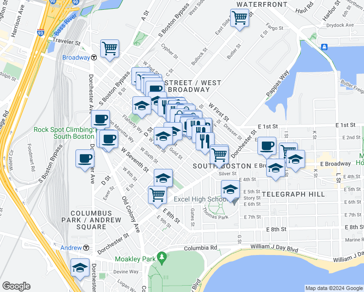 map of restaurants, bars, coffee shops, grocery stores, and more near in Boston