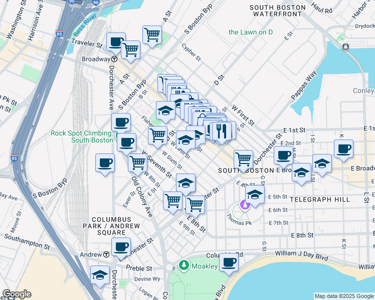 map of restaurants, bars, coffee shops, grocery stores, and more near 350 West Fourth Street in Boston