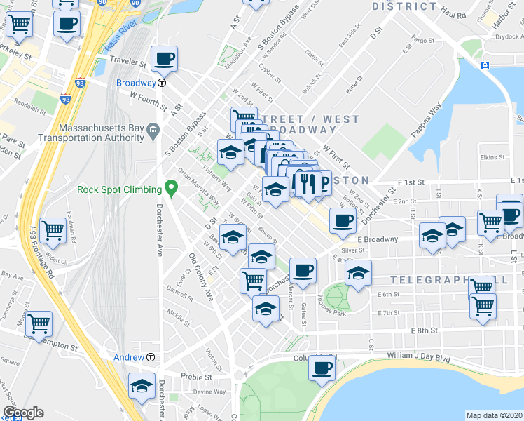 map of restaurants, bars, coffee shops, grocery stores, and more near 350 West Fourth Street in Boston