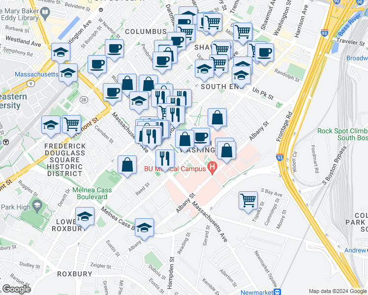 map of restaurants, bars, coffee shops, grocery stores, and more near 19 East Concord Street in Boston