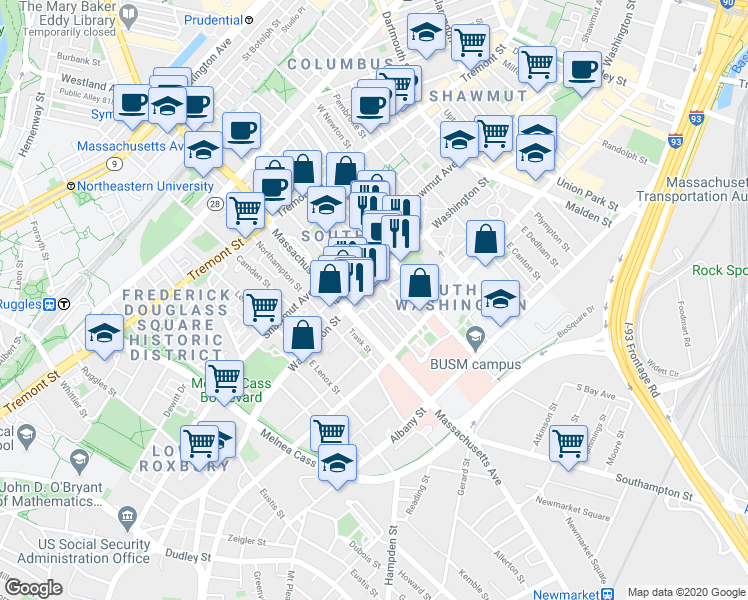 map of restaurants, bars, coffee shops, grocery stores, and more near 1718 Washington Street in Boston