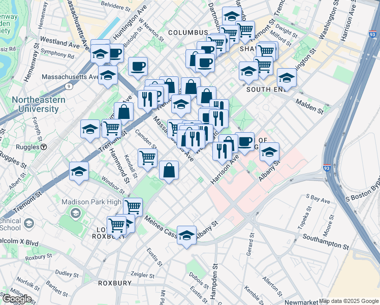 map of restaurants, bars, coffee shops, grocery stores, and more near in Boston