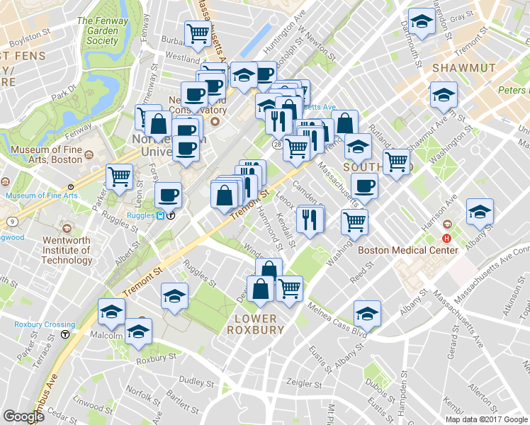 map of restaurants, bars, coffee shops, grocery stores, and more near in Boston