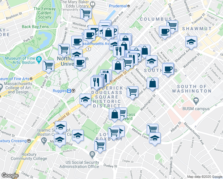 map of restaurants, bars, coffee shops, grocery stores, and more near in Boston