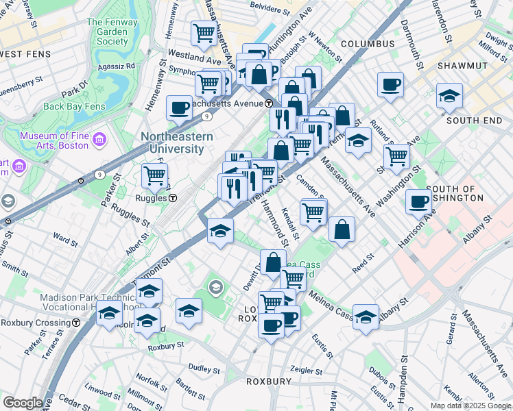 map of restaurants, bars, coffee shops, grocery stores, and more near in Boston
