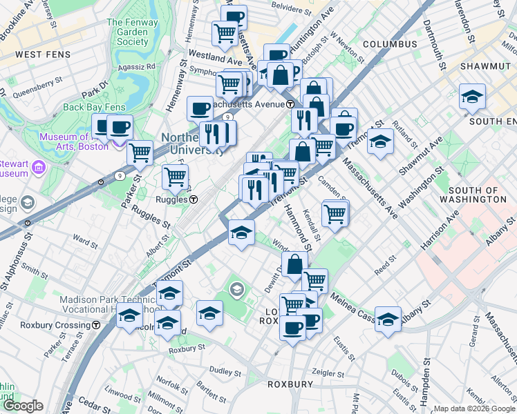 map of restaurants, bars, coffee shops, grocery stores, and more near 724 Columbus Avenue in Boston