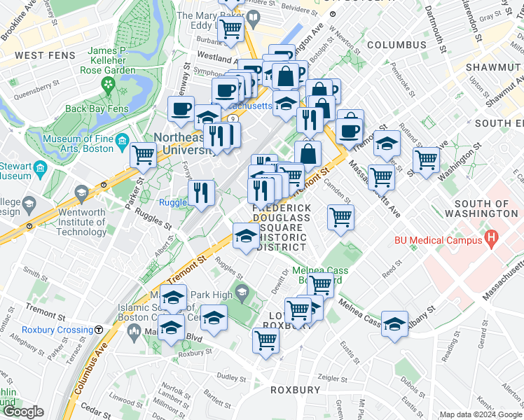 map of restaurants, bars, coffee shops, grocery stores, and more near 724 Columbus Avenue in Boston