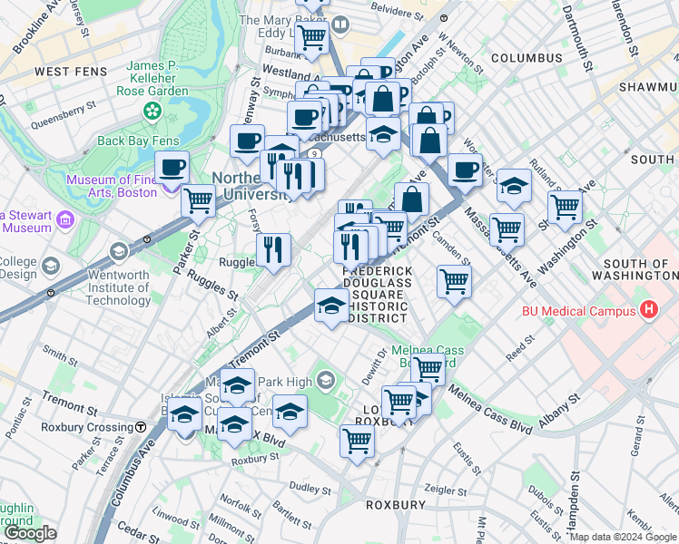 map of restaurants, bars, coffee shops, grocery stores, and more near in Boston
