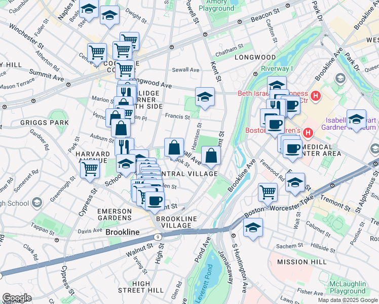 map of restaurants, bars, coffee shops, grocery stores, and more near 32 Harrison Street in Brookline