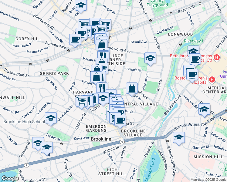 map of restaurants, bars, coffee shops, grocery stores, and more near 4 Saint Paul Street in Brookline