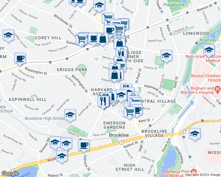 map of restaurants, bars, coffee shops, grocery stores, and more near 2 Washburn Place in Brookline
