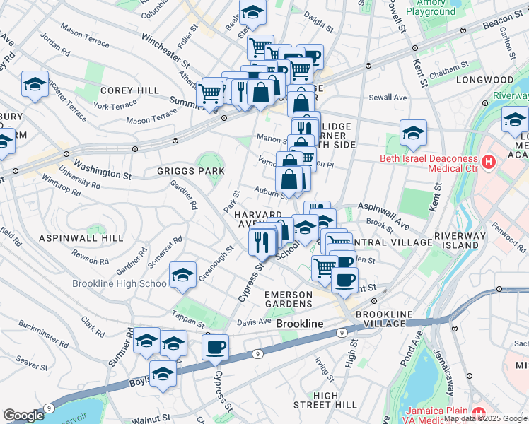 map of restaurants, bars, coffee shops, grocery stores, and more near 9 Auburn Place in Brookline
