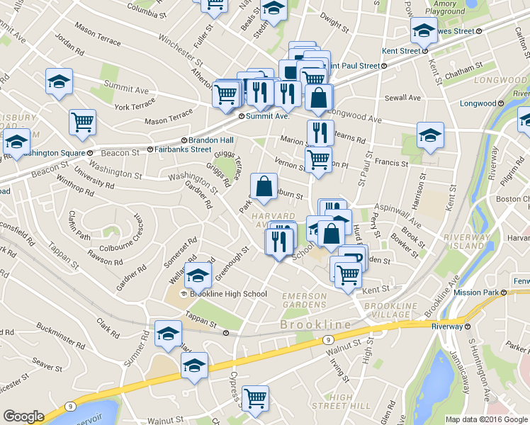 map of restaurants, bars, coffee shops, grocery stores, and more near 9 Auburn Place in Brookline