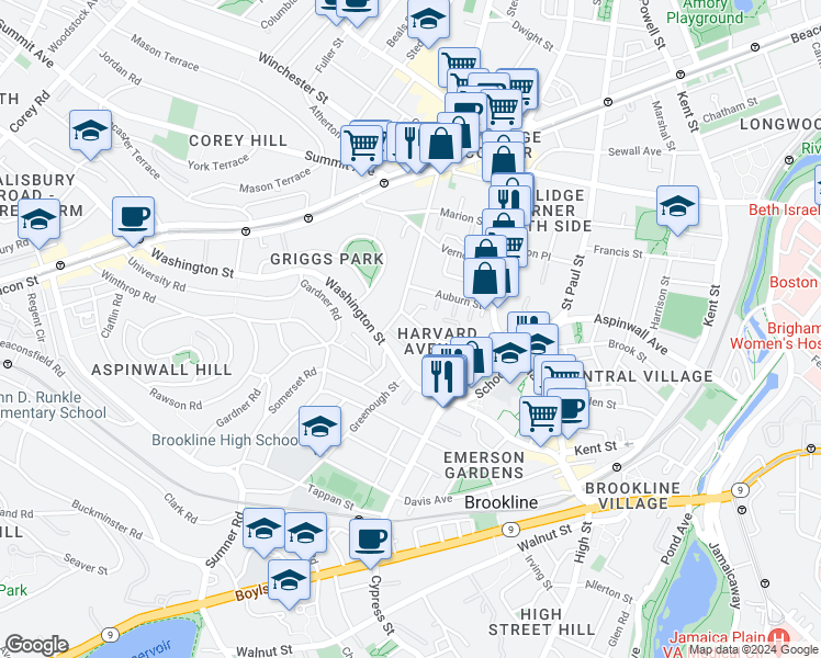 map of restaurants, bars, coffee shops, grocery stores, and more near 9 Auburn Place in Brookline