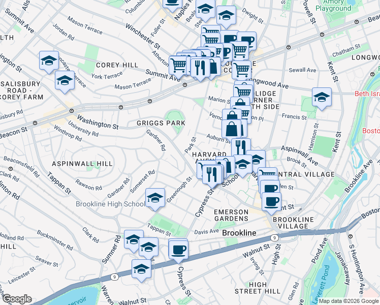 map of restaurants, bars, coffee shops, grocery stores, and more near 32 Park Street in Brookline