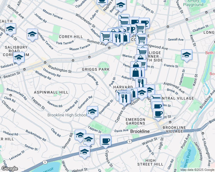 map of restaurants, bars, coffee shops, grocery stores, and more near 32 Park Street in Brookline