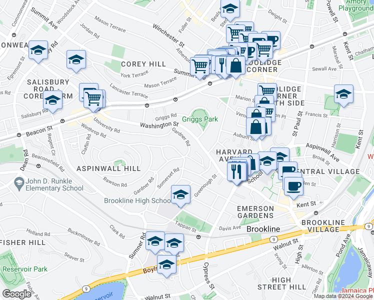 map of restaurants, bars, coffee shops, grocery stores, and more near 490 Washington Street in Brookline