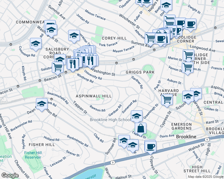 map of restaurants, bars, coffee shops, grocery stores, and more near 107 University Road in Brookline