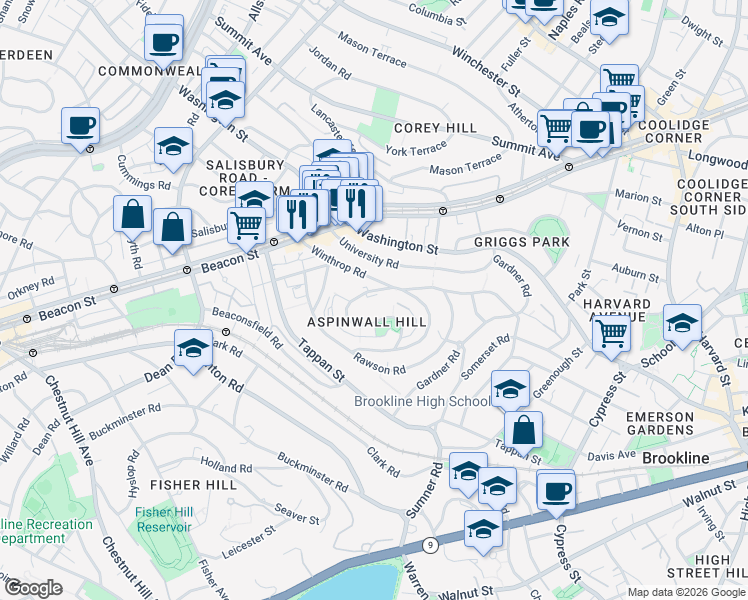 map of restaurants, bars, coffee shops, grocery stores, and more near 148 Winthrop Road in Brookline