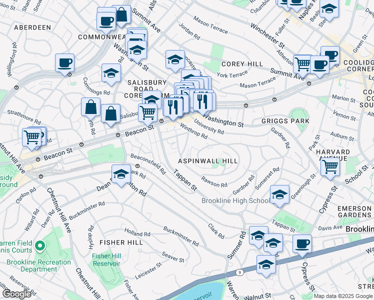 map of restaurants, bars, coffee shops, grocery stores, and more near 10 Claflin Road in Brookline