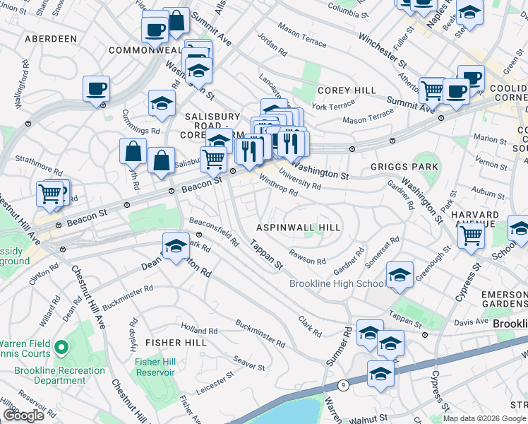 map of restaurants, bars, coffee shops, grocery stores, and more near 10 Claflin Road in Brookline