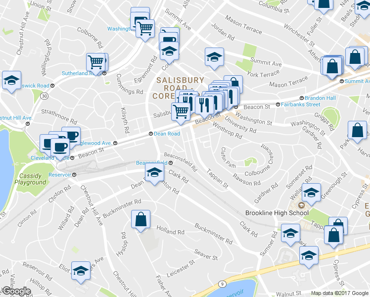 map of restaurants, bars, coffee shops, grocery stores, and more near 30 Regent Circle in Brookline