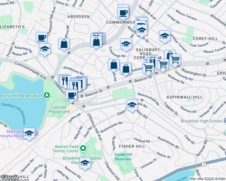 map of restaurants, bars, coffee shops, grocery stores, and more near in Brookline