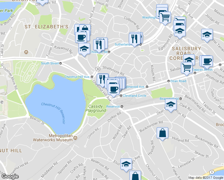 map of restaurants, bars, coffee shops, grocery stores, and more near 12 Sutherland Road in Boston