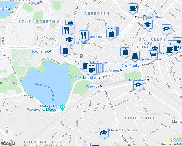 map of restaurants, bars, coffee shops, grocery stores, and more near 4 Chiswick Road in Boston