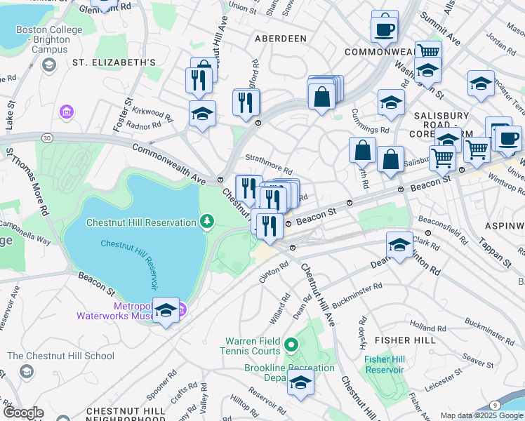 map of restaurants, bars, coffee shops, grocery stores, and more near 4 Chiswick Road in Boston