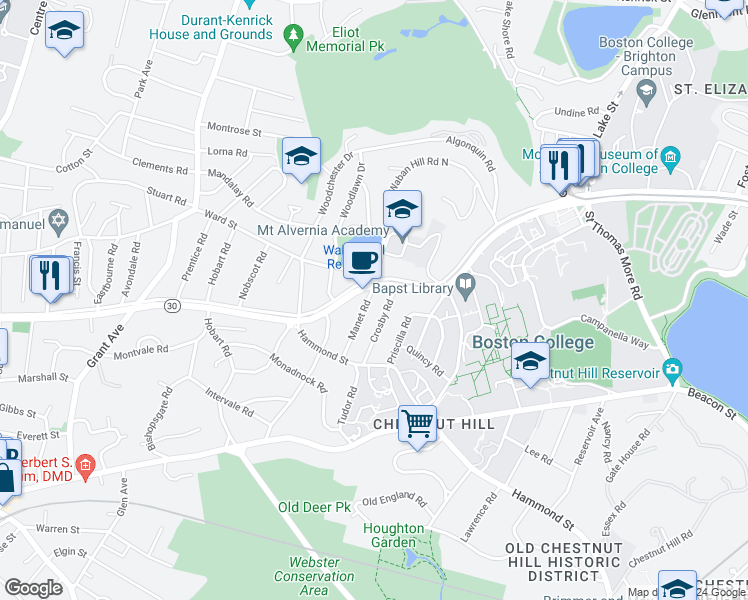 map of restaurants, bars, coffee shops, grocery stores, and more near 219 Commonwealth Avenue in Newton