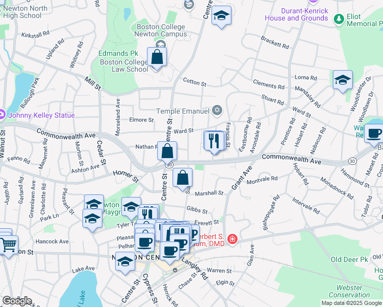 map of restaurants, bars, coffee shops, grocery stores, and more near 15 Sumner Street in Newton