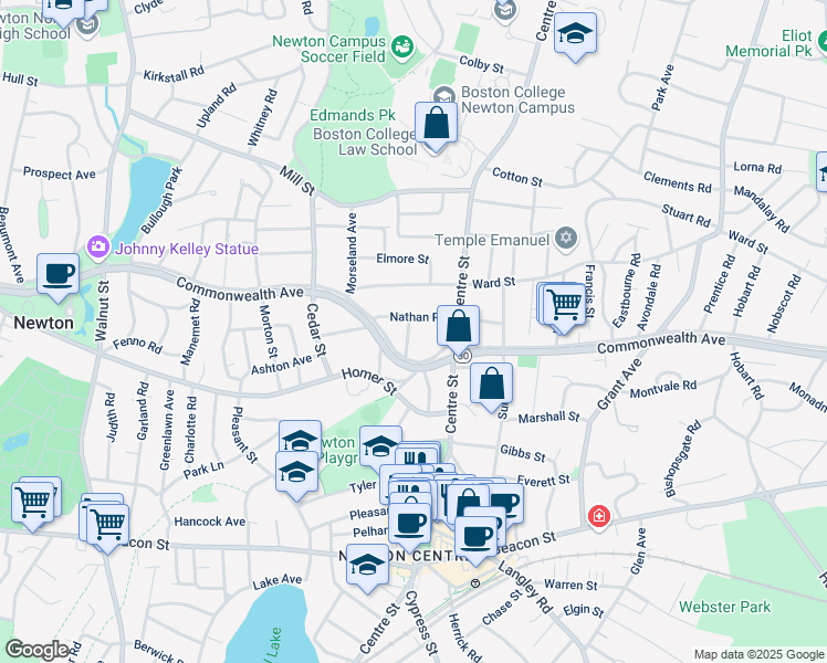 map of restaurants, bars, coffee shops, grocery stores, and more near 48 Nathan Road in Newton