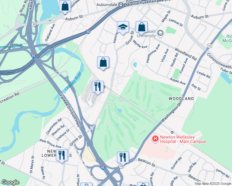 map of restaurants, bars, coffee shops, grocery stores, and more near 290 Grove Street in Newton