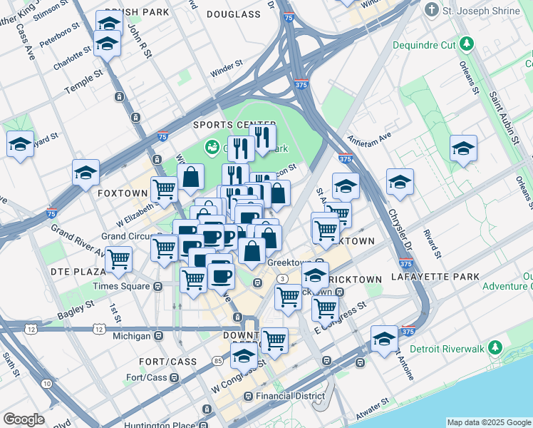 map of restaurants, bars, coffee shops, grocery stores, and more near 333 Madison Street in Detroit