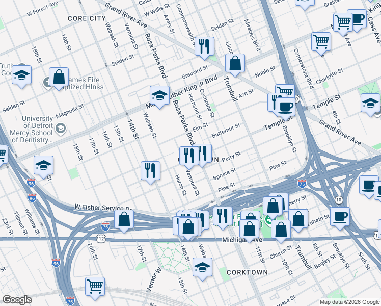 map of restaurants, bars, coffee shops, grocery stores, and more near 2983 Rosa Parks Boulevard in Detroit