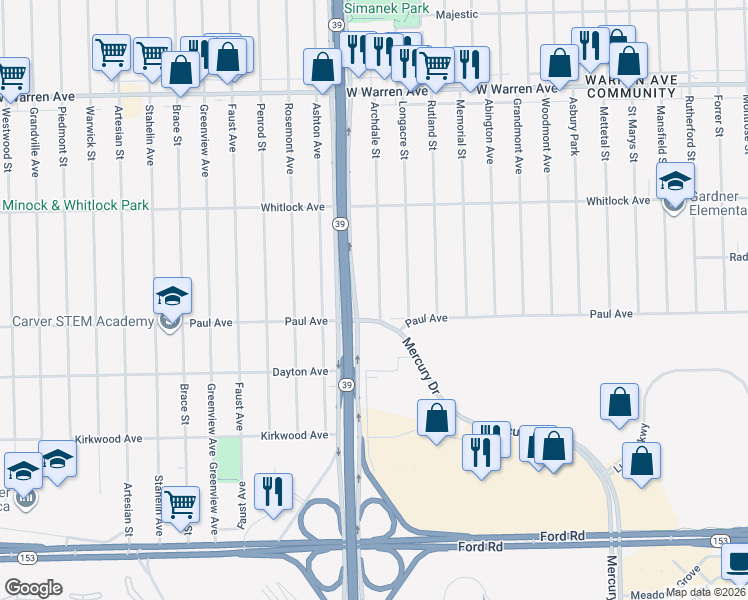 map of restaurants, bars, coffee shops, grocery stores, and more near 6390 Archdale Street in Detroit
