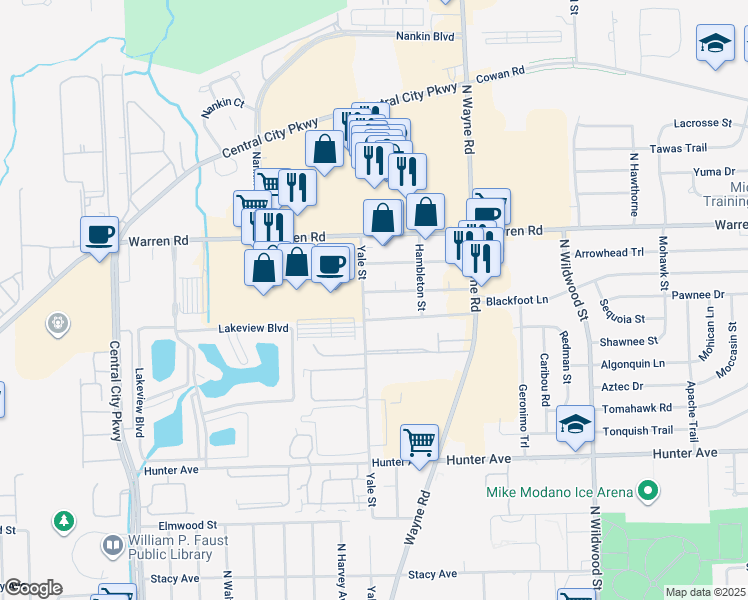 map of restaurants, bars, coffee shops, grocery stores, and more near 35341 Webster Street in Westland