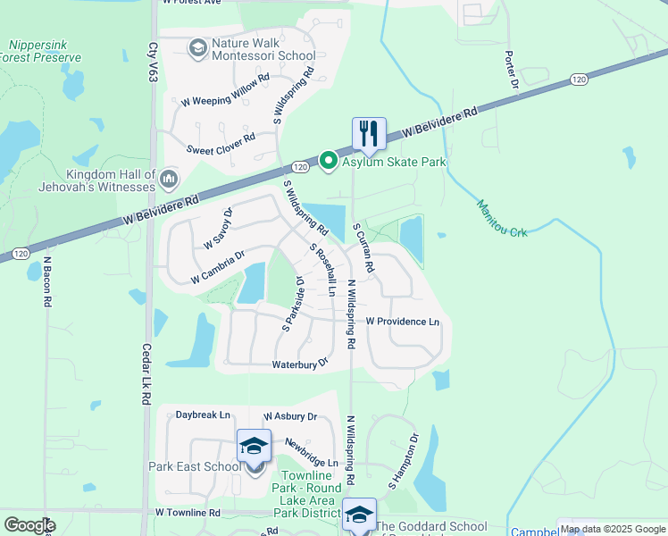 map of restaurants, bars, coffee shops, grocery stores, and more near 583 South Rosehall Lane in Round Lake