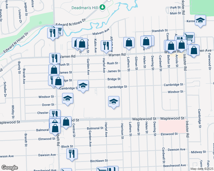 map of restaurants, bars, coffee shops, grocery stores, and more near 28518 Bridge Avenue in Garden City