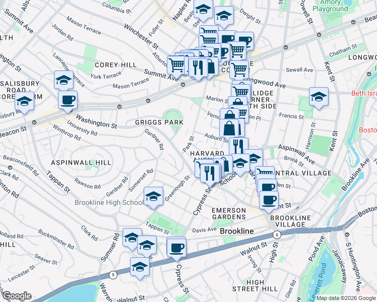 map of restaurants, bars, coffee shops, grocery stores, and more near 11 Park Street in Brookline