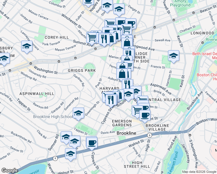 map of restaurants, bars, coffee shops, grocery stores, and more near 63 Harvard Avenue in Brookline