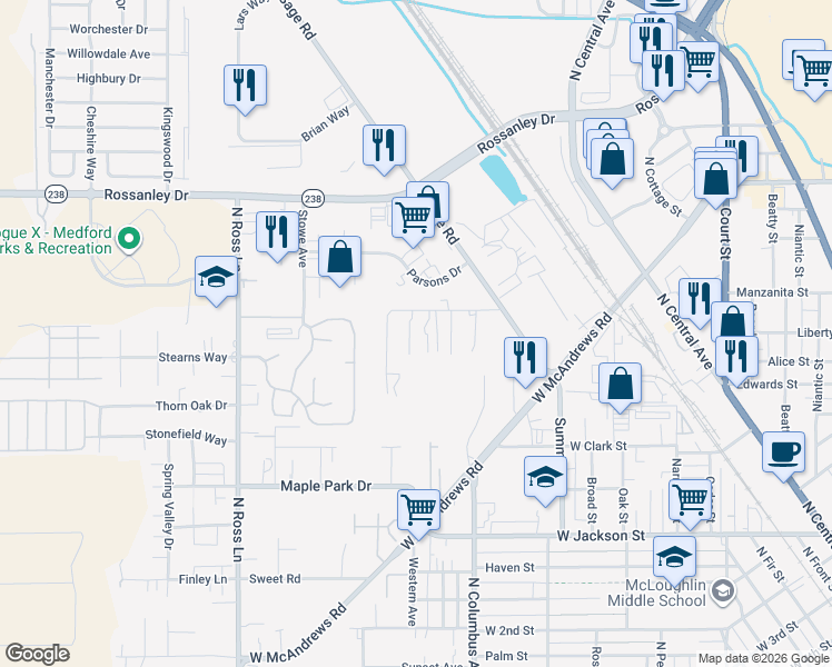 map of restaurants, bars, coffee shops, grocery stores, and more near 835 Posse Lane in Medford