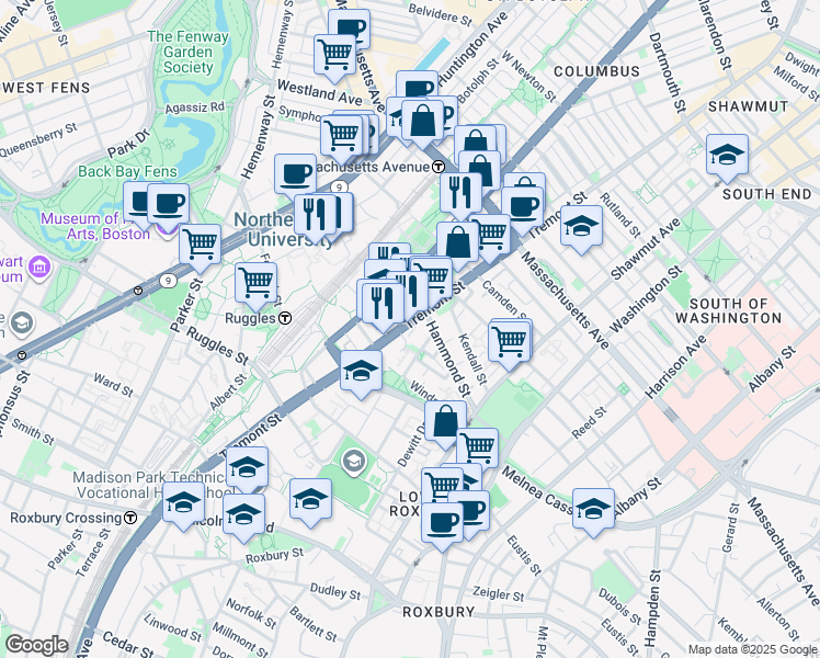 map of restaurants, bars, coffee shops, grocery stores, and more near 724 Columbus Avenue in Boston