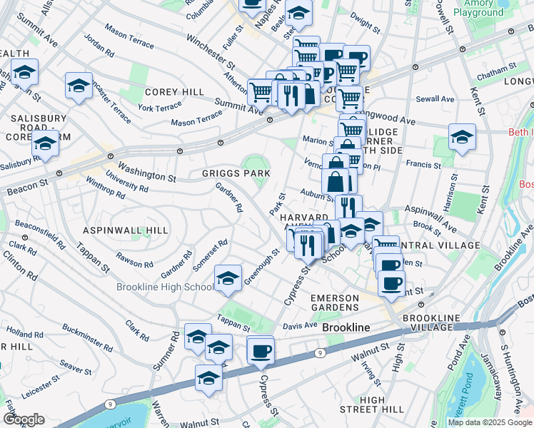 map of restaurants, bars, coffee shops, grocery stores, and more near 32 Park Street in Brookline