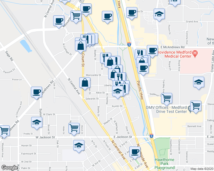 map of restaurants, bars, coffee shops, grocery stores, and more near 498 Liberty Street in Medford