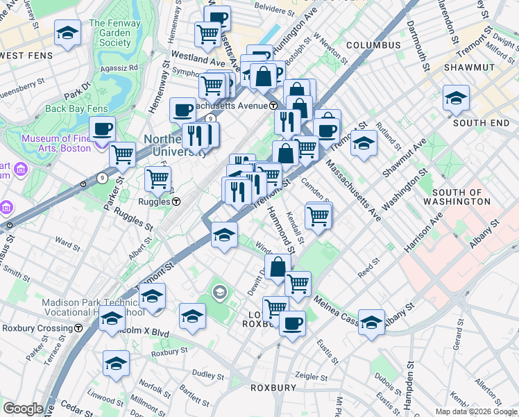 map of restaurants, bars, coffee shops, grocery stores, and more near 724 Columbus Avenue in Boston