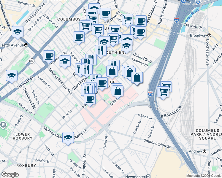 map of restaurants, bars, coffee shops, grocery stores, and more near East Newton Street in Boston